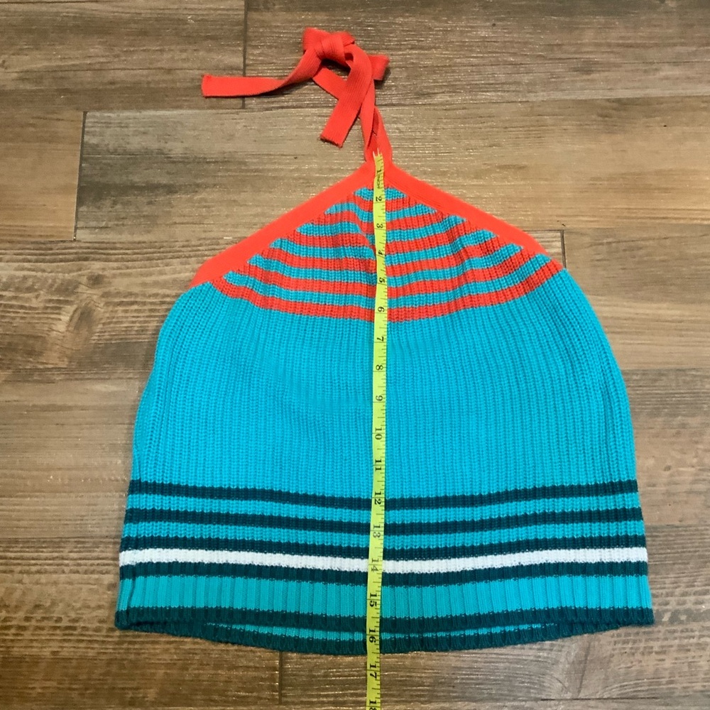 Zara Women’s Medium Block Striped Crochet Halter Crop Tank Top-Teal white Orange - Picture 9 of 10